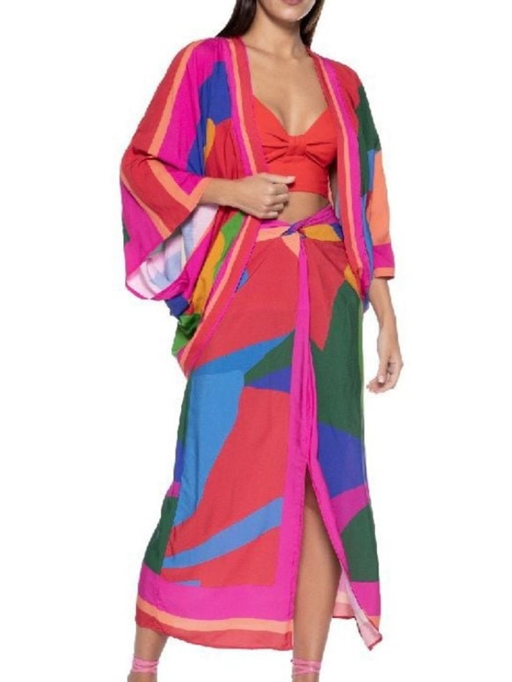 Farm Rio Abstract Colorful Print Open Front Kimono Cardigan one size Brazilian - Picture 7 of 9